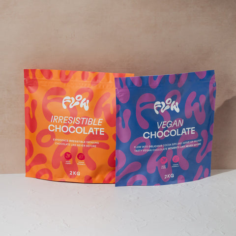 Front view of the Flow by Blendsmiths Irresistible Chocolate 2kg pouch in orange and red, labelled high fibre and vegan friendly