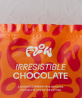 Close-up of the Flow Irresistible Chocolate logo and tagline: Experience irresistible drinking chocolate like never before