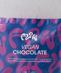 Close-up of the Flow Vegan Chocolate logo and tagline: Flow into delicious cocoa sips and serve up proper tasty vegan chocolate moments like never before