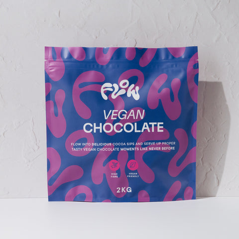 Front view of the Flow by Blendsmiths Vegan Chocolate 2kg pouch in blue and purple, labelled high fibre and vegan friendly