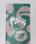 Close-up of the Flow by Blendsmiths Vibrant Chai bag with logo and tagline: Flow with the spices and serve up vibrant chai moments like never before