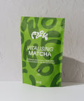 Front view of the Flow by Blendsmiths Vitalising Matcha 1kg pouch in two-tone green, labelled vegan friendly